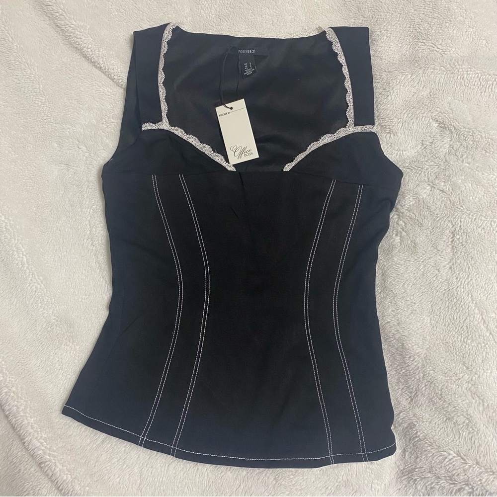 Forever 21 Black Top with White Lace and Stitching